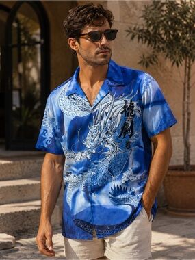 Star Dragon Print Hawaiian Shirt XL | Japanese Anime | Sleeve Men’s Shirt